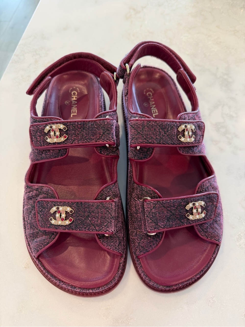 CHANEL dad sandal in dark pink denim with Chanel stone detailing
